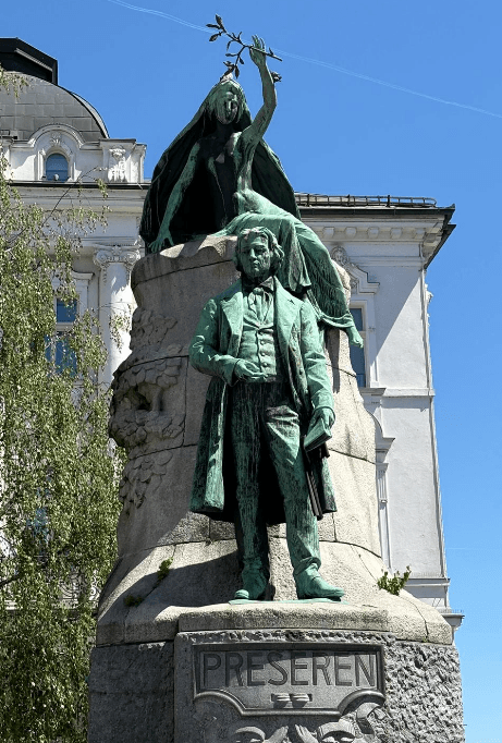Detailaufnahme der Prešeren-Statue in Ljubljana